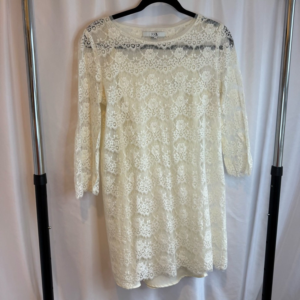 Cream Lace Mini Dress Long Sleeve Boho Coquette Tunic Festival Romantic